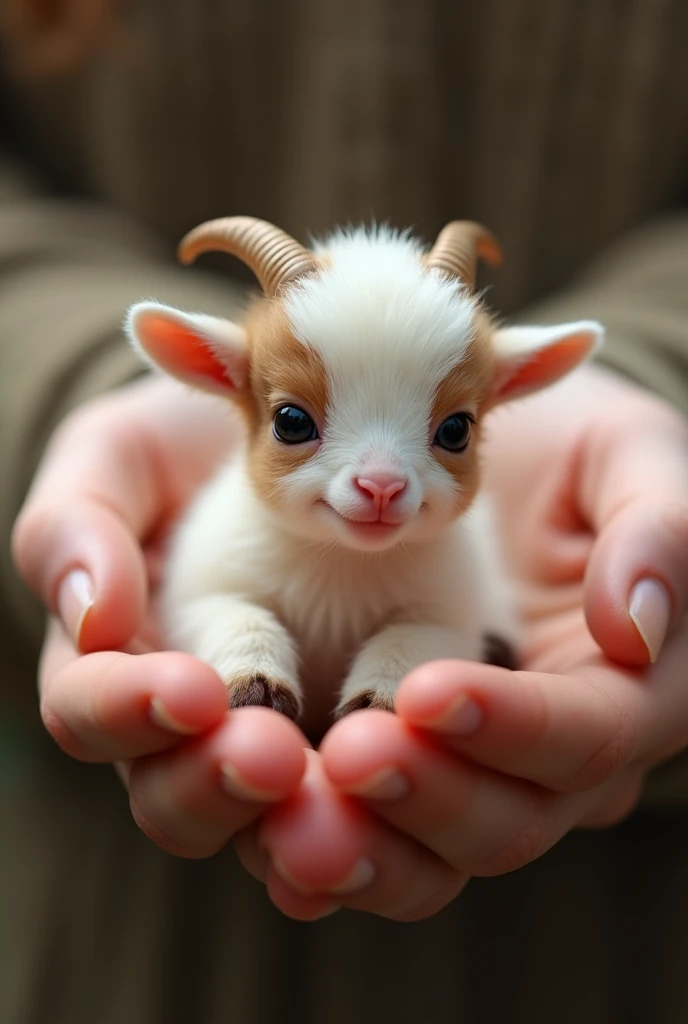 finger size tiny cute goat in human hand