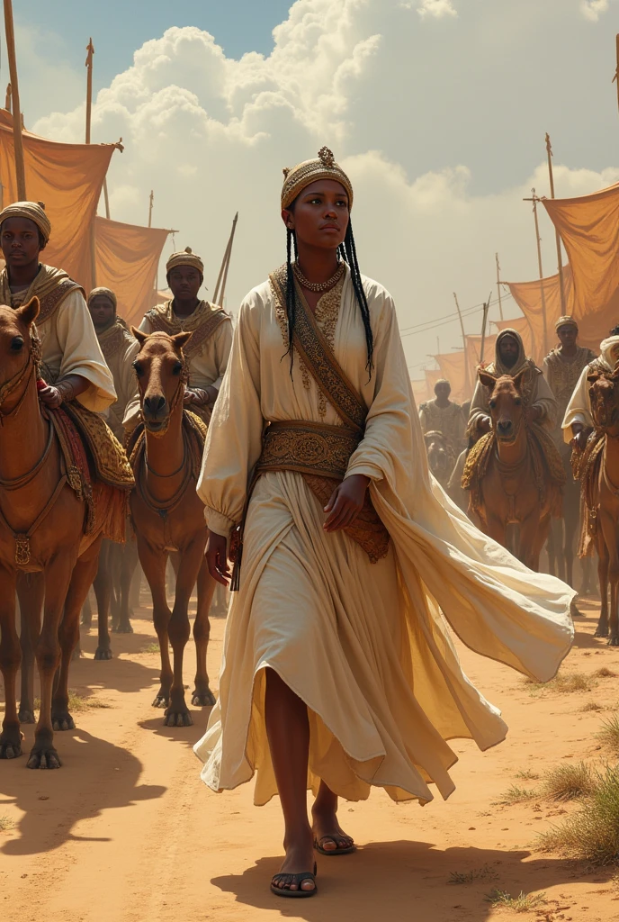 Create a realistic and detailed image of Queen Makeda, the Queen of Sheba, traveling with her grand caravan. The scene should depict a large caravan of camels and donkeys carrying goods, supplies, and gifts. The Queen is surrounded by royal guards, servants, and attendants. Musicians and entertainers are also part of the entourage, providing music and performances. Luxurious tents are set up at a rest stop, with rich fabrics and comfortable furnishings. The landscape should reflect the arid regions of ancient Ethiopian and Israel , with a backdrop of desert and distant towns, her outfit should white brownish cotton dress.