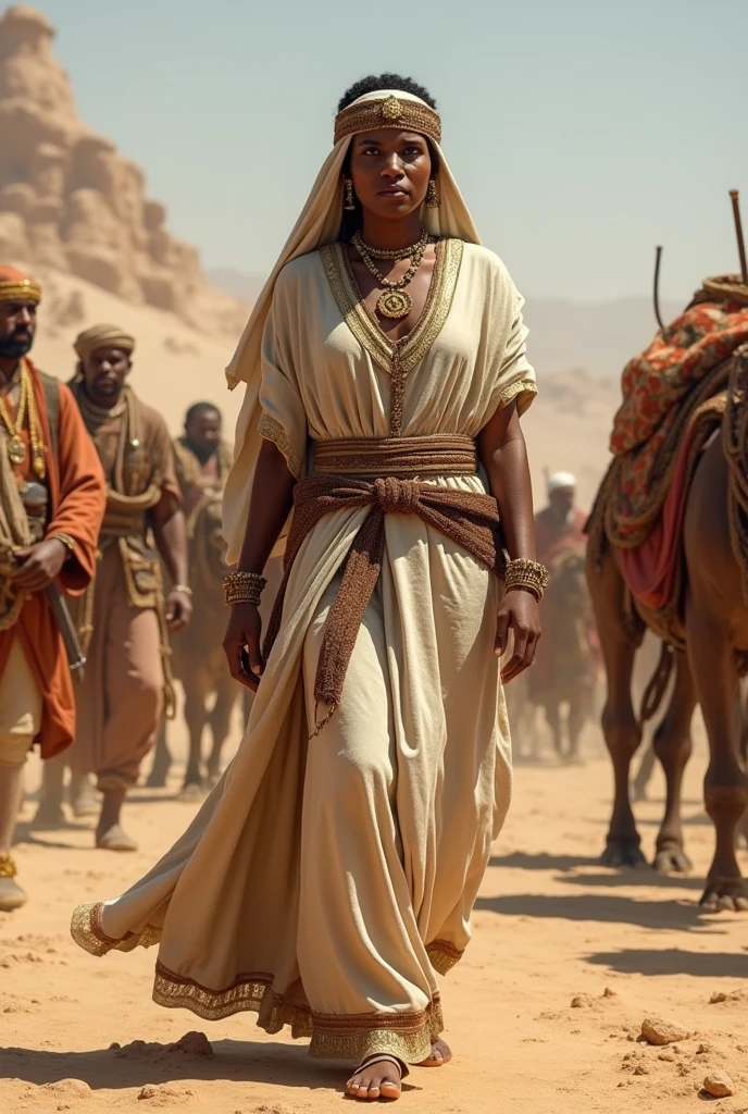 Create a realistic and detailed image of Queen Makeda, the Queen of Sheba, traveling with her grand caravan. The scene should depict a large caravan of camels and donkeys carrying goods, supplies, and gifts. The Queen is surrounded by royal guards, servants, and attendants. Musicians and entertainers are also part of the entourage, providing music and performances. Luxurious tents are set up at a rest stop, with rich fabrics and comfortable furnishings. The landscape should reflect the arid regions of ancient Ethiopian and Israel , with a backdrop of desert and distant towns, her outfit should white brownish cotton dress.