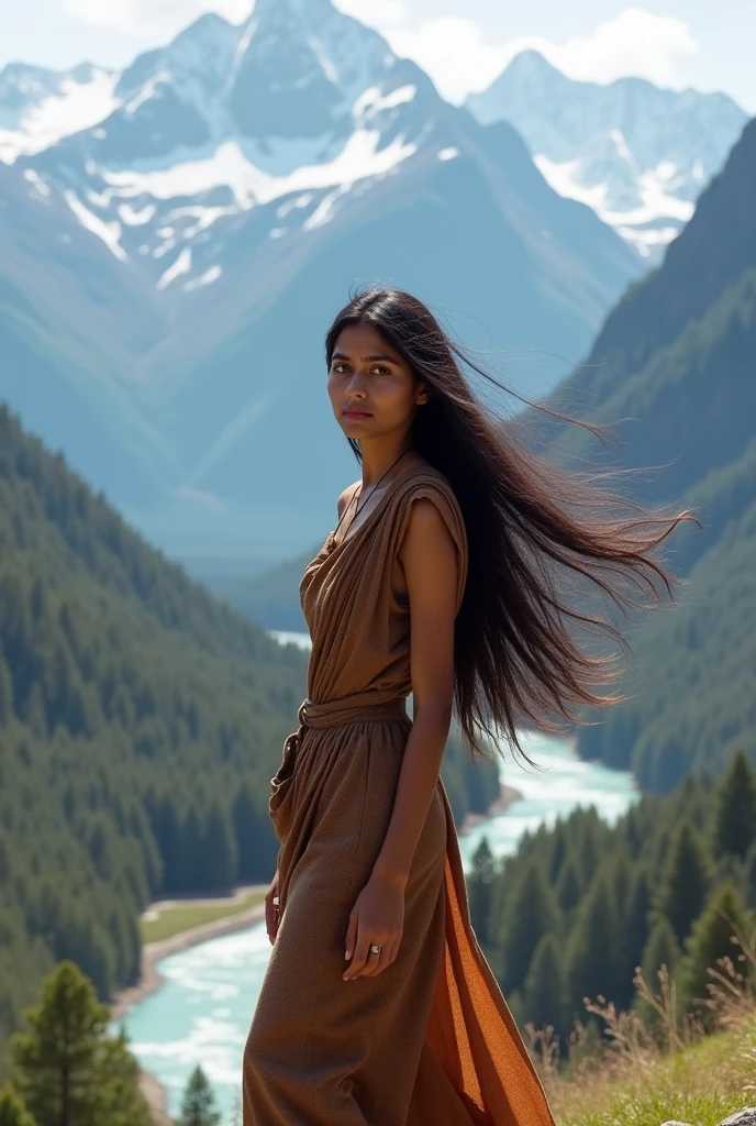 Una sola chica india de 25 años con Long hair, top of a mountain, river in the distance, wind blowing in her hair, Long hair, country clothes, SERIOUS LOOK, comfortable clothes, mountains in the distance, sunny day, side stand, loose hair, Real photo, canon camera focus