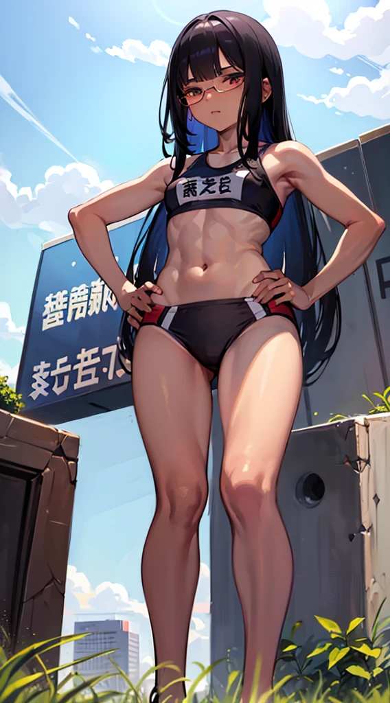 20 years old, gallant girl, (dark skin:1.3),
(small breasts:1.3), slender, (thin legs:1.2),
(black hair, straight long hair, blunt bangs:1.3),
red eyes, (glasses), condescending expression,
(black sports bras, black panties:1.3), barefoot,
standing, put both hands on hips,
grassland, (from below),((highly detailed blue buruma,highly detailed beautiful eyes,highly detailed beautiful face))super detailed skin,