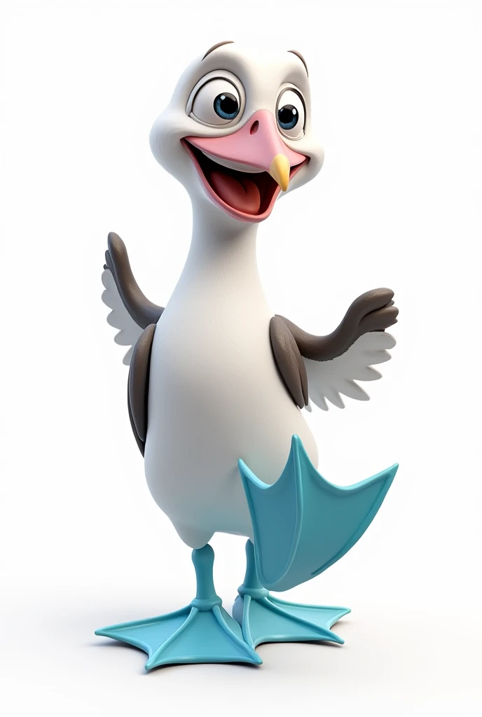 Blue-footed booby appearing to be smiling and dancing from the front against a white background