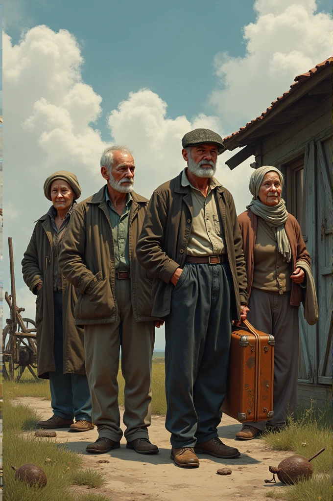 Draw a Romanian family with a mix of older people and a young man with a suitcase, indicating youth emigration. You can include a background that shows a rural house or a field, symbolizing life in rural areas. Add some elements that suggest poverty, like a modest house or a field with old farming tools, to illustrate social challenges.