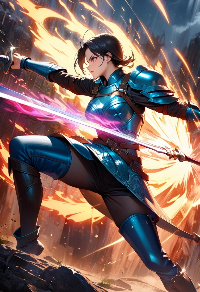 1 Girl,swordsman,Sword and Shield,(Best swordplay, Superb swordsmanship,Swordsmanship Expert,Ethereal Sword,Force Field Defense:1.2),(Very detailed,Extremely detailed,Clear focus,high resolution),(fantasy,illustration),(Detailed armor,Sparkling metal),(Epic Battle,Action scenes),(Mysterious atmosphere,Magic Warrior),(Highly concentrated:1.1),Brilliant colors,Bright colors,Fiery background,Powerful pose,(Dynamic Movement,Acrobatic fighting),(Hero's Expression,A determined look)