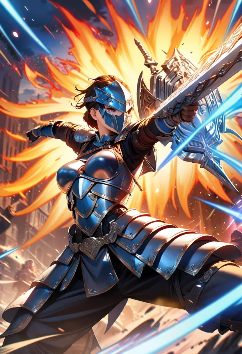 1 Girl,swordsman,Sword and Shield,(Best swordplay, Superb swordsmanship,Swordsmanship Expert,Ethereal Sword,Force Field Defense:1.2),(Very detailed,Extremely detailed,Clear focus,high resolution),(fantasy,illustration),(Detailed armor,Sparkling metal),(Epic Battle,Action scenes),(Mysterious atmosphere,Magic Warrior),(Highly concentrated:1.1),Brilliant colors,Bright colors,Fiery background,Powerful pose,(Dynamic Movement,Acrobatic fighting),(Hero's Expression,A determined look)