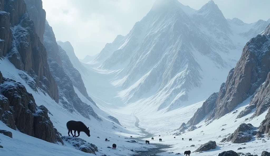 The high mountain area is inaccessible to humans, in the middle of a complicated winter animal.