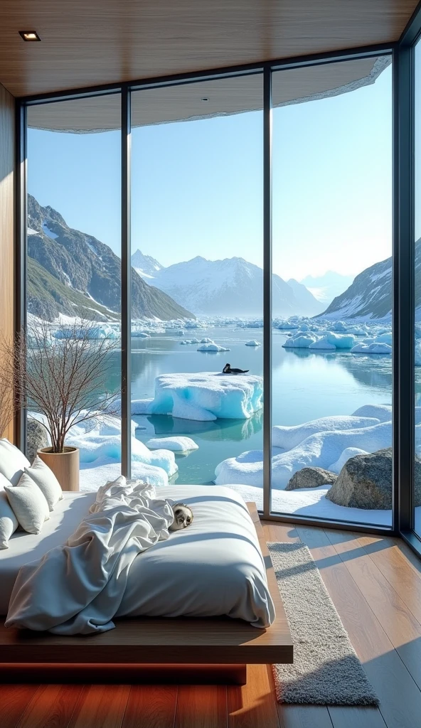 A modern, eco-friendly bedroom with floor-to-ceiling windows overlooking a stunning glacier bay filled with floating icebergs. The water is an icy blue, reflecting the towering glaciers and distant snow-capped mountains. Occasionally, a seal or puffin might be seen resting on the ice. The room’s decor includes sustainable materials, soft white and blue accents, and a heated wooden floor, providing warmth against the cold, striking view.