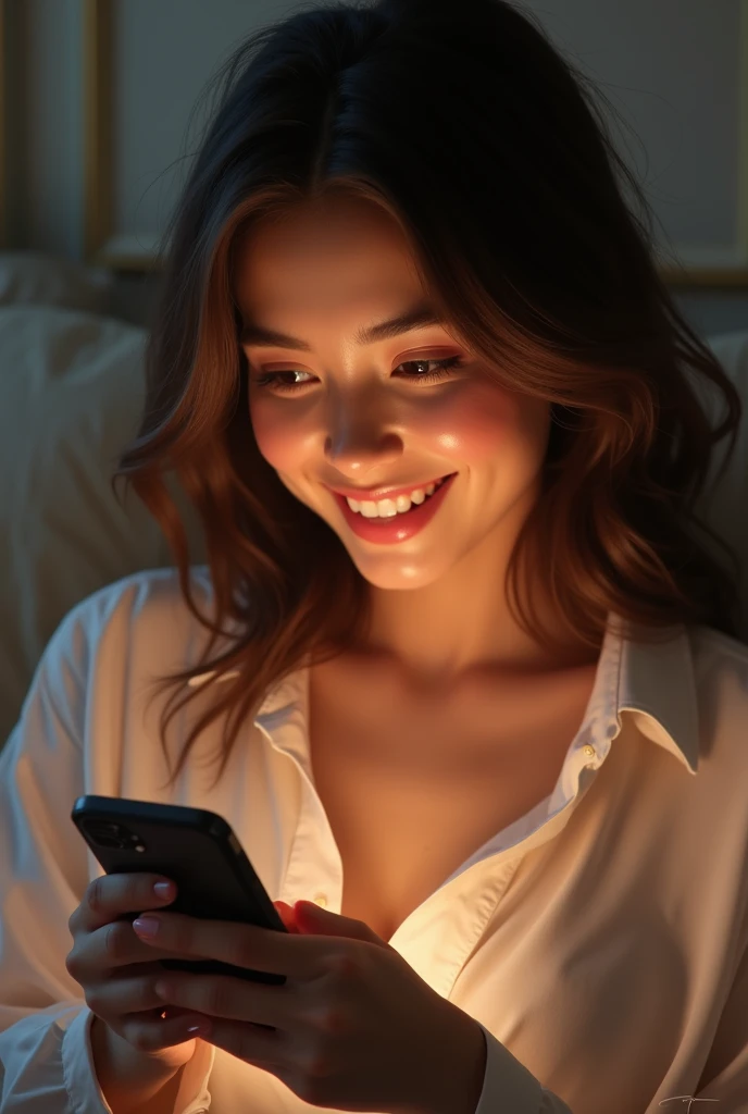 Generate a beautiful women looking into her phone and smilling