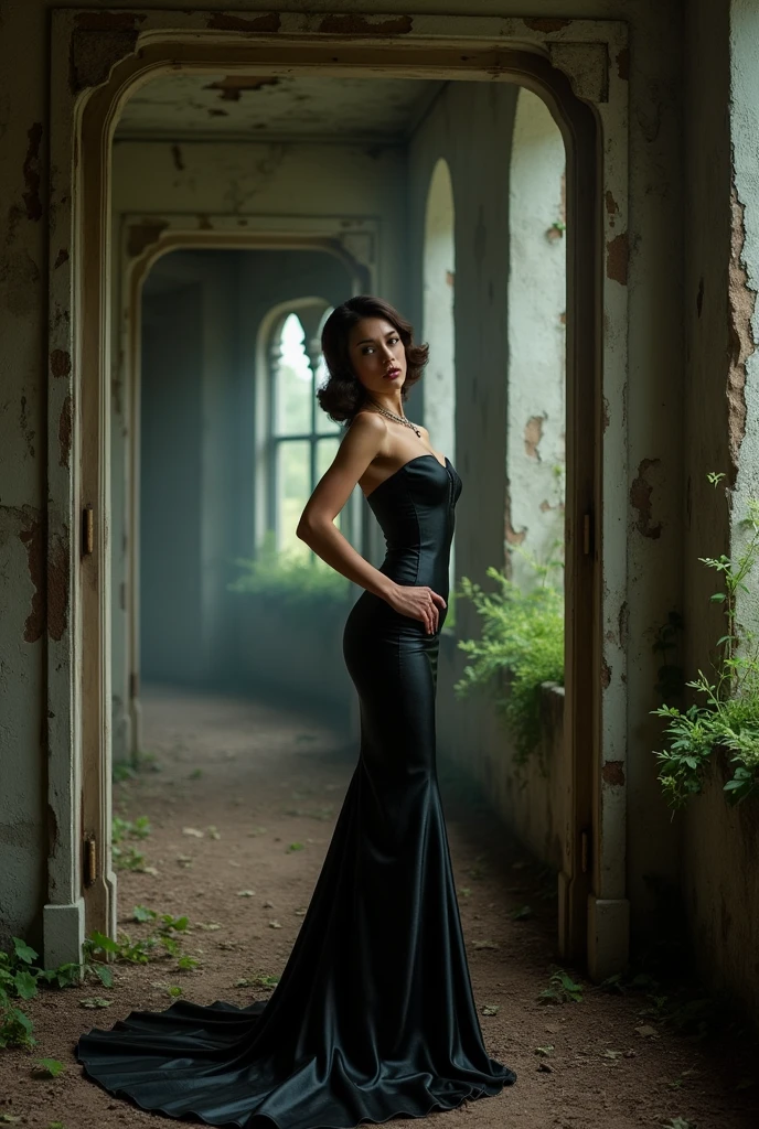 "Create a high-contrast image where a glamorous model in vintage couture is posed in a decaying, abandoned mansion. The setting should evoke Helmut Newton’s eroticism and Erwin Olaf’s narrative tension, with dramatic lighting and a sense of unsettling luxury.""Apply natural framing using elements from the environment, like branches or doorways, to frame the main subject and add depth to the image."4K, WINNER AWARDS