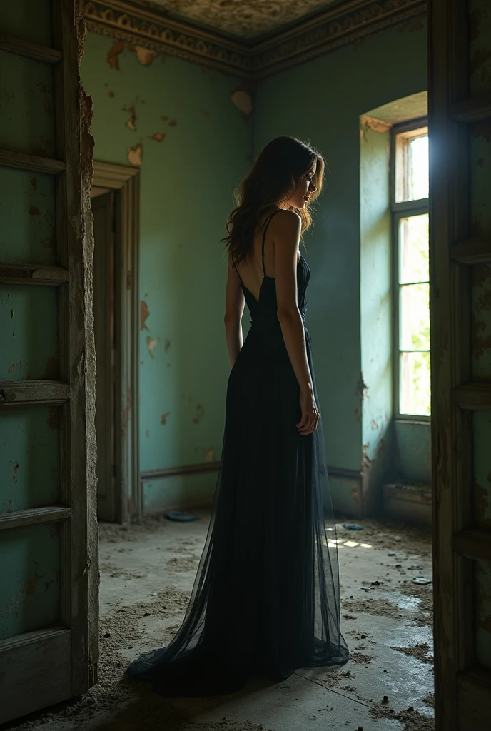  "Create a high-contrast image where a glamorous model in vintage couture is posed in a decaying, abandoned mansion. The setting should evoke Helmut Newton’s eroticism and Erwin Olaf’s narrative tension, with dramatic lighting and a sense of unsettling luxury.""Apply natural framing using elements from the environment, like branches or doorways, to frame the main subject and add depth to the image."4K, WINNER AWARDS