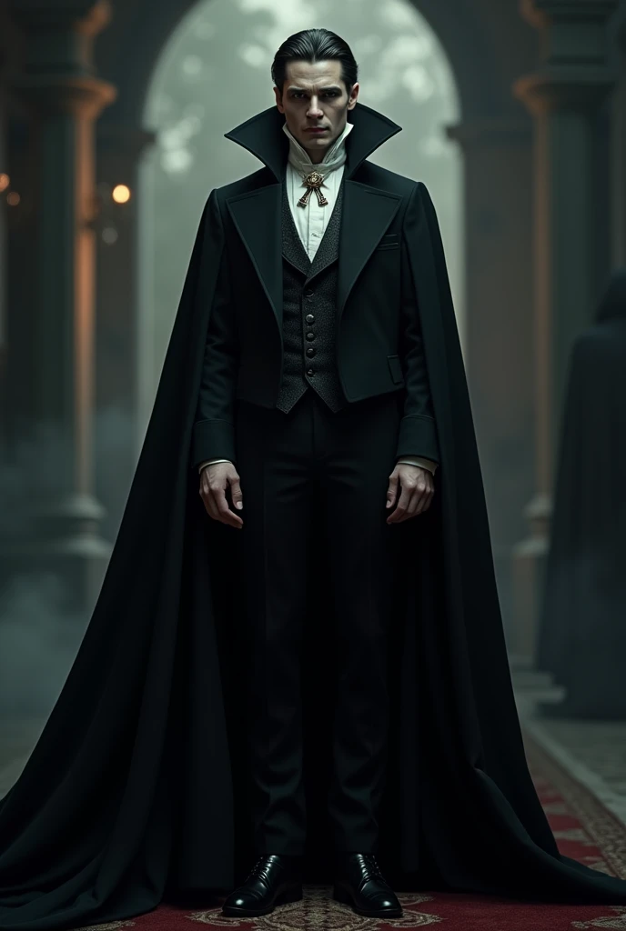 Dracula wearing Victorian style clothing with a long black coat and on top of his coat with a long black cape attached by a bat-shaped brooch