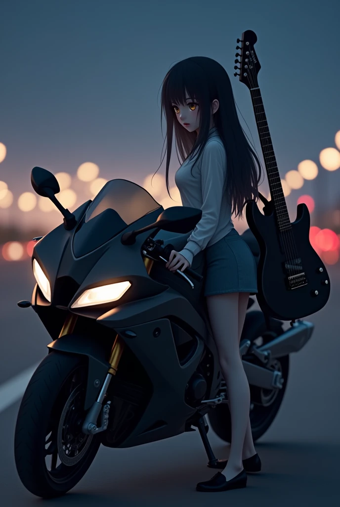 (anime:1.2), beautiful woman, crying, standing next to a black sport bike, holding a black electric guitar on her back, wearing t-shirt, black pants, long straight black hair, high way, city lights background, light skin, light brown eyes, pointed nose, side post, far angle. 