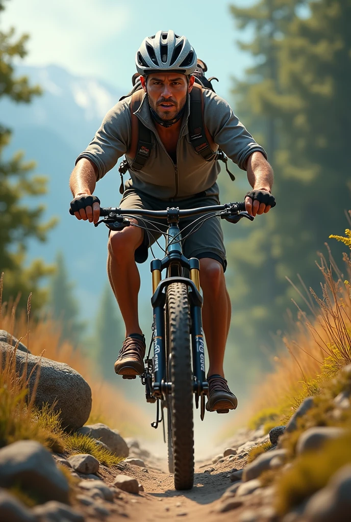 
Create an image of a mature Nicolas pedaling on a MTB bike and saying Pacho Burger Grill