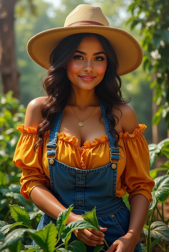a beautiful fair-skinned, plump, curvy, mexican woman, 1 women, smiling, wearing tight t-shirt and slacks, working in the garden, extremely detailed facial features, detailed eyes, detailed lips, long eyelashes, hyper realistic, oil painting, masterpiece, high resolution, photorealistic, warm lighting, vibrant colors, intricate details, cinematic composition