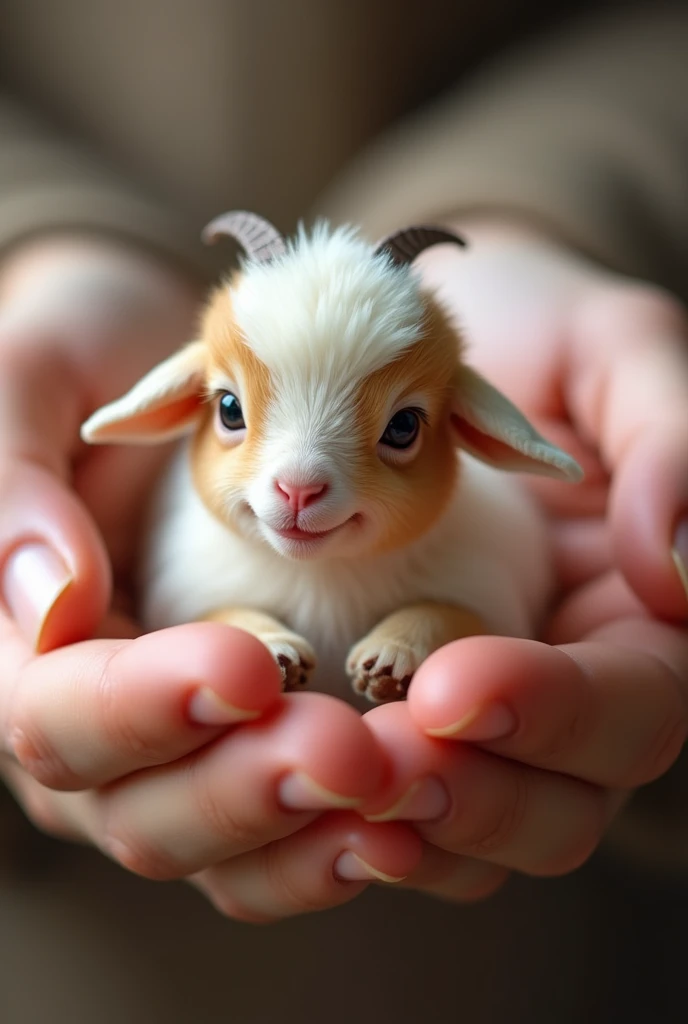 finger size tiny cute goat in human hand