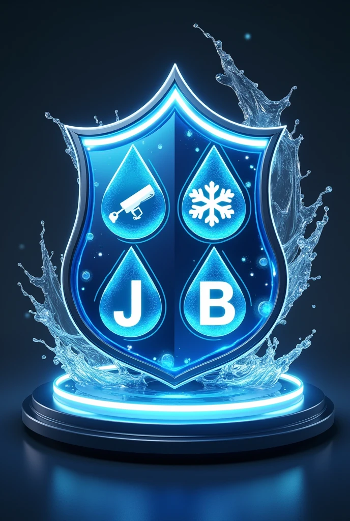 game type with a rotating shield like drops of water divided into 4 drops, one with security camera, a snowflake, an electric lamp, two jb tools must be between the letters