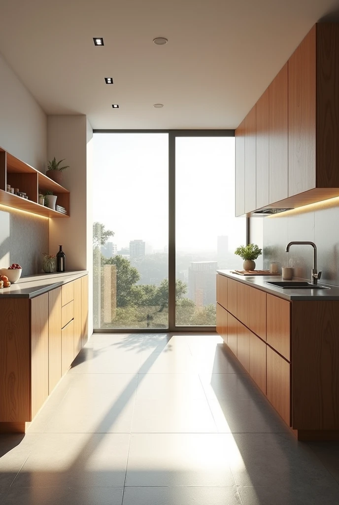 cozinha iluminada , Modern , minimalistic, penthouse apartment , ,with bright window, realistic physics rendering, detailed archivision render, Gray floor,Brazilian Northeast ,home kitchen on a sunny day, archivision, vray 8k rendering, award winning rendering, renderizado em corona, vray 8k rendering, render vray, Wooden cabinets, vray 4k render, vray rendered