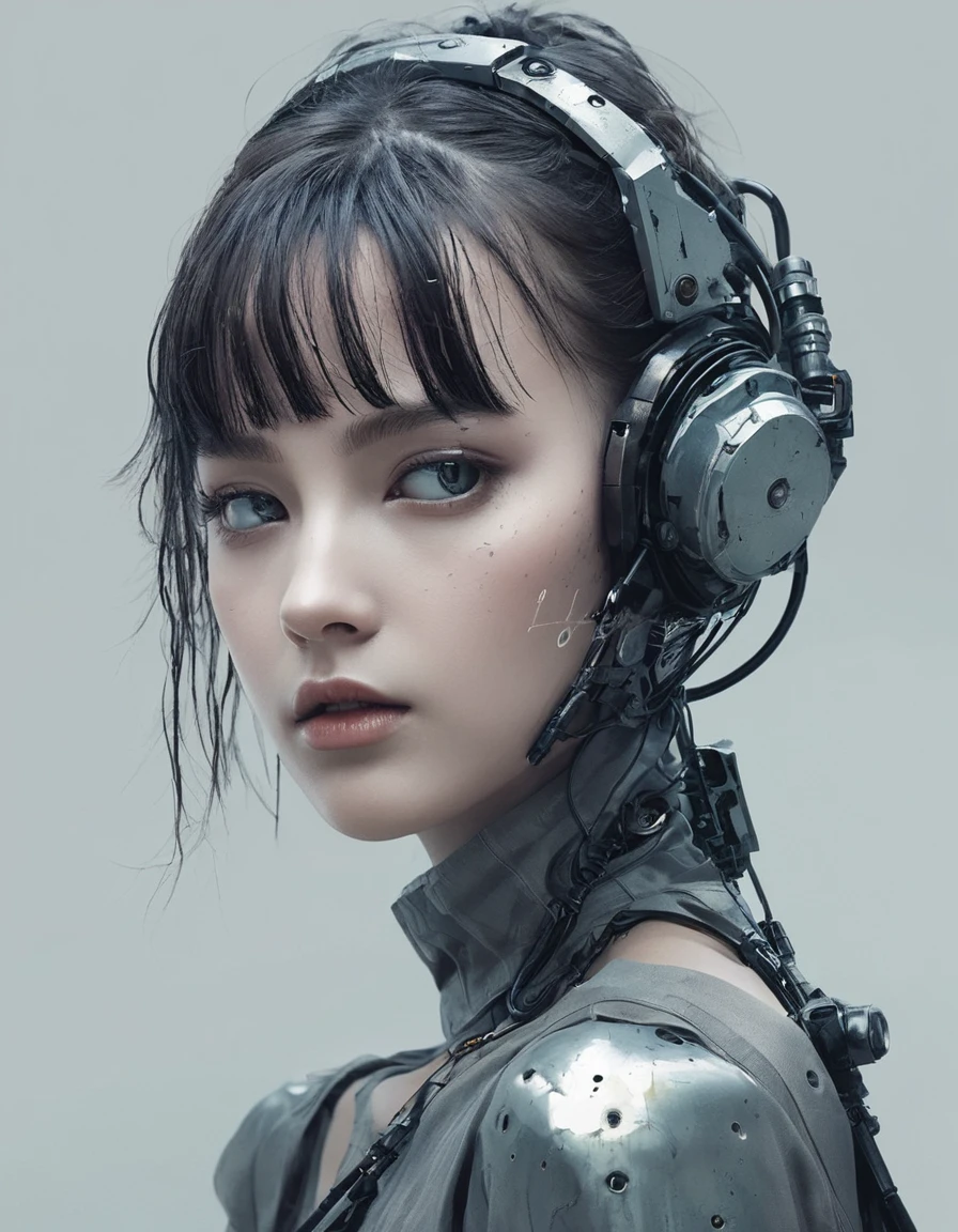 An android girl, a robot girl, her body parts are robotic, only her face looks like a human, the rest of her body is pieces of rusty, dented metal, an atmosphere of hopelessness emanates, a foggy screen, her face does not express anything, only an exorbitant emptiness - the one on  what a robot is capable of, gray tones, the atmosphere of the movie "Blade Runner 2049", looking down at us, bottom angle, [full body], anime style, full body, we can see the whole body