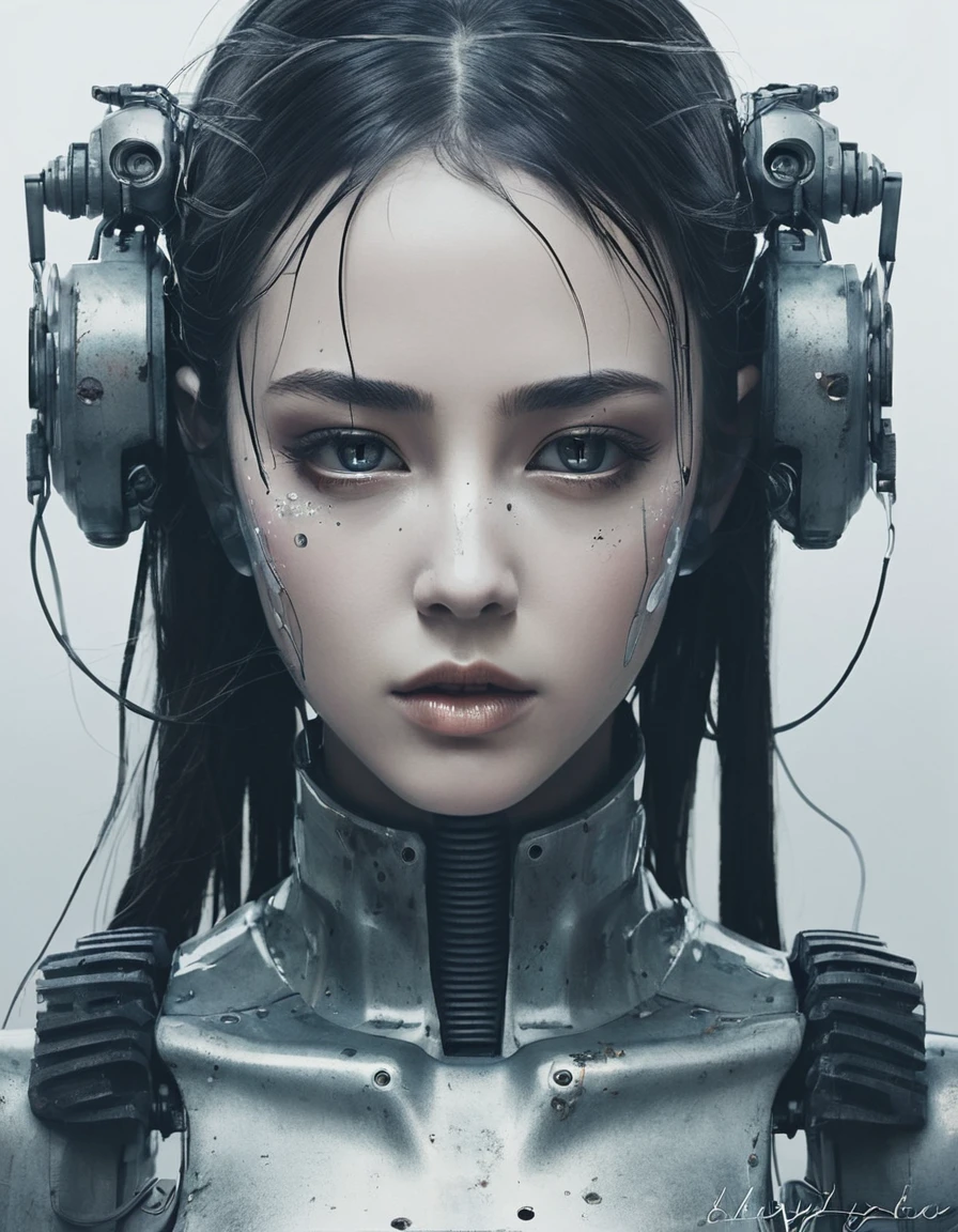 An android girl, a robot girl, her body parts are robotic, only her face looks like a human, the rest of her body is pieces of rusty, dented metal, an atmosphere of hopelessness emanates, a foggy screen, her face does not express anything, only an exorbitant emptiness - the one on  what a robot is capable of, gray tones, the atmosphere of the movie "Blade Runner 2049", looking down at us, bottom angle, [full body], anime style, full body, we can see the whole body