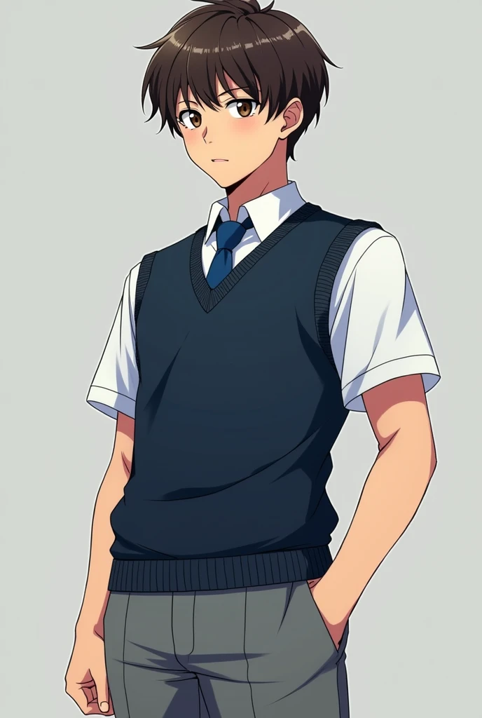 At first, Hobin] was smaller for the average Korean male at a height of 168 cm (5'6") and weighing 49kg, but after his training with Samdak, he gained significant height and weight. Hobin is also shown as pale and short compared to the other characters. Despite having trained hard throughout the course of the story, his physique hasn't had any drastic changes until Episode 120. Hobin has shaggy, dark brown hair styled into a bowl cut, along with mono-lid shaped brown eyes. He is usually seen wearing his school uniform, consisting of a dark blue sleeveless jumper, a white button-up shirt, a blue tie, and gray trousers. Make it anime style 