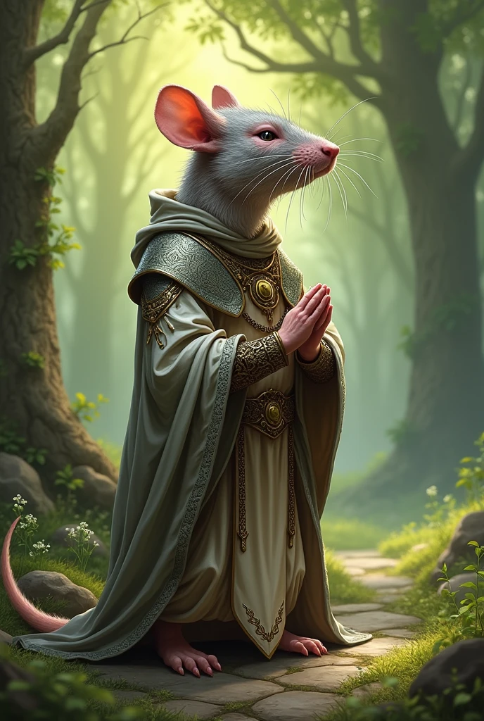 A Pathfinder-style Ratfolk of the Priest class with Desna as the initiator praying with a light chainmail