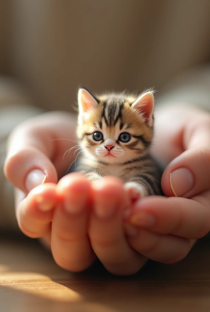 finger size tiny cute cat in human hand