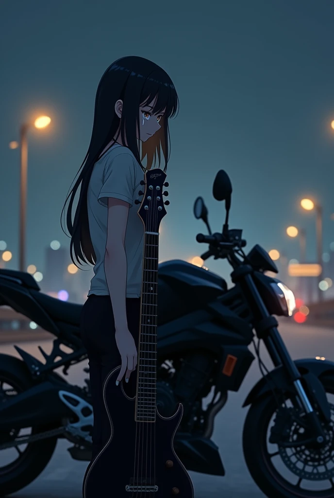 (anime:1.2), beautiful woman, crying, standing next to a black sport bike, holding a black electric guitar, wearing t-shirt, black pants, long straight black hair, high way, city lights background, light skin, light brown eyes, pointed nose, side post, far angle.