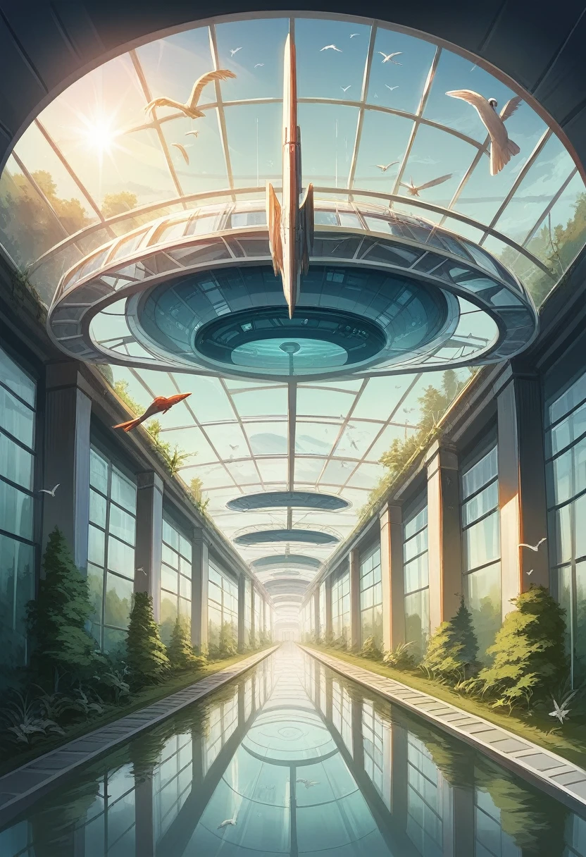 Hospital of the future with walls all made of blue glass, many trees in the lake and flowers, birds flying, with a stream passing in the background, beautiful sun in the sky, people entering the hospital, imagem vista de cima, Futurism, interior architecture, Social realism, god rays, reflection light, best quality, highres, award winning