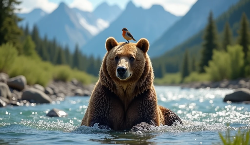 hyper realistic fhoto, national geografic photo, A big brown bear is sitting and bathing in a deep river in the wild summer wilderness, a cute and charming bird perched on its head, very beautiful and sparkling water on the surface, Crystal clear water, gravel on the bottom of the river, Beautiful alpine mountains in the distance, realistic photo