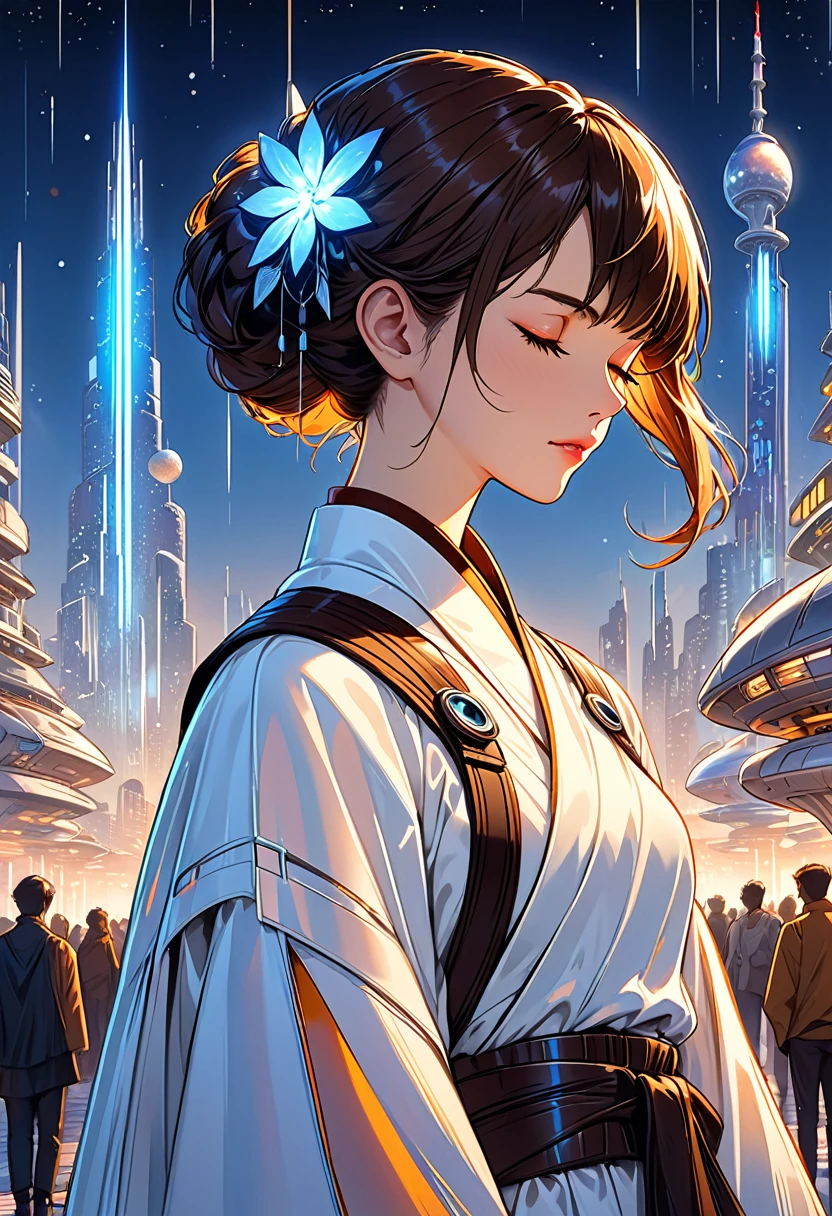 fluorescent horizon, digital brush strokes Shadow art, digital illustration, comic style, realistic shadows, depth of field, bokeh, 1 girl, adult () woman, amber eyes, dark brown wedge cut hair, solo, from front, front view, (full body:0.6), (closed eyes:1.1), detailed background, detailed face, semi-realistic anime-style young near-human males and females from Coruscant in Star Wars, dressed in trendy futuristic sci-fi otherworldly high-society event attire with a detailed and defined exotic Coruscant skyline background, featuring hairstyles matching Coruscant fashion trends, in a photorealistic look, with futuristic accessories