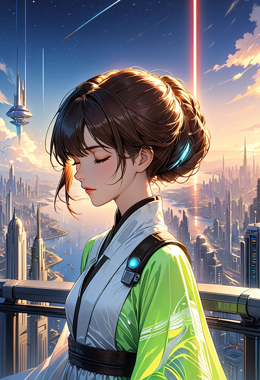 fluorescent horizon, digital brush strokes Shadow art, digital illustration, comic style, realistic shadows, depth of field, bokeh, 1 girl, adult () woman, amber eyes, dark brown wedge cut hair, solo, from front, front view, (full body:0.6), (closed eyes:1.1), detailed background, detailed face, semi-realistic anime-style young near-human males and females from Coruscant in Star Wars, dressed in trendy futuristic sci-fi otherworldly high-society event attire with a detailed and defined exotic Coruscant skyline background, featuring hairstyles matching Coruscant fashion trends, in a photorealistic look, with futuristic accessories
