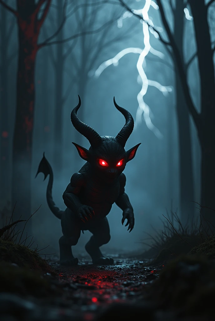 A dark background with a forest and blood red lightning and a small demon from behind