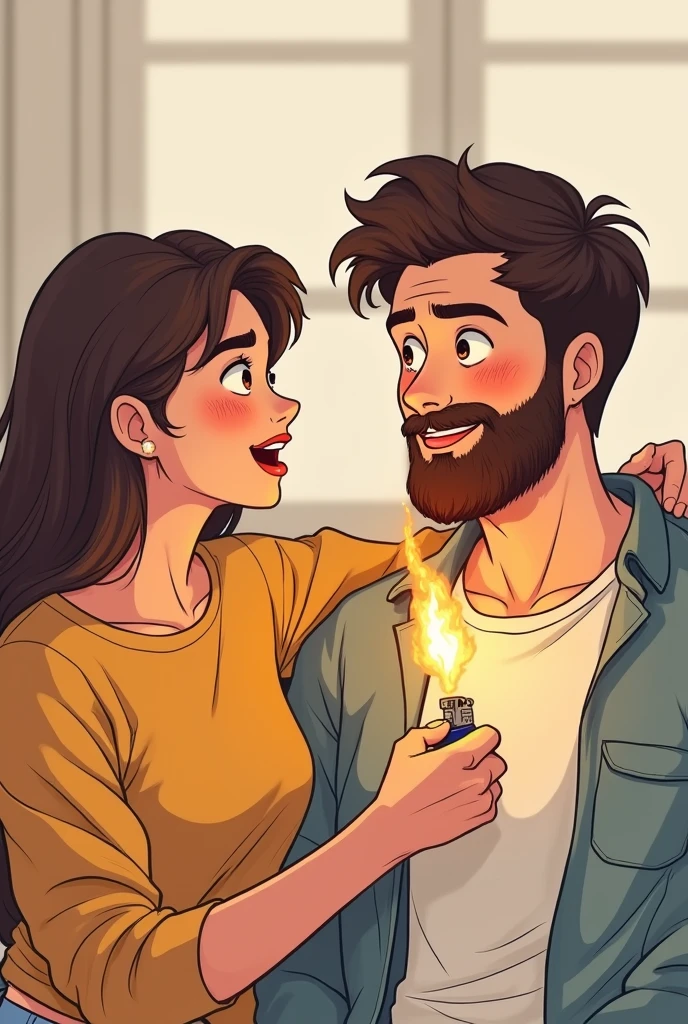 Draw me a cute couple sketch where the girl puts her boyfriend's beard on fire playfully with a lighter and the beard burns a bit making the boy surprised