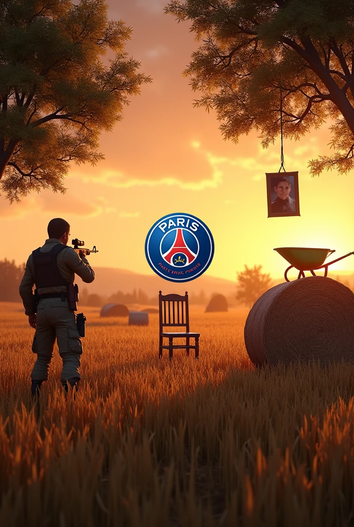 A field of cut straw. Round balls ms in the background . A sunset . On one of the bales of straw a green wheelbarrow. En premier plan un arbre avec un cadre photo accroché a son tronc . Un militaire en treillis qui vise une chaise aubmilieu du champ. Style jeu video . Dark brown orange yellow color. With the PSG logo in the center