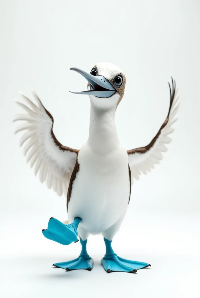 Blue-footed booby appearing to be dancing from the front against a white background