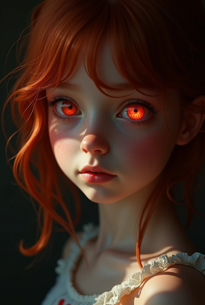 1 girl, star eye, blush, perfect lighting, Red hair, Red eyes, unreal engine, side lighting, detailed face, hits, shiny skin, simple background, dark background