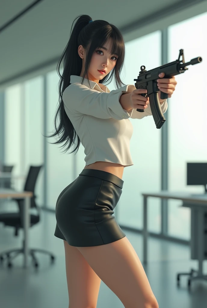 camera back view facing real person eyes open realistic beautiful japanese office lady white shirt in mini skirt stance legs open spreading arms straighten full portrait holding rifle gun back view facing sexy legs waist level aiming target