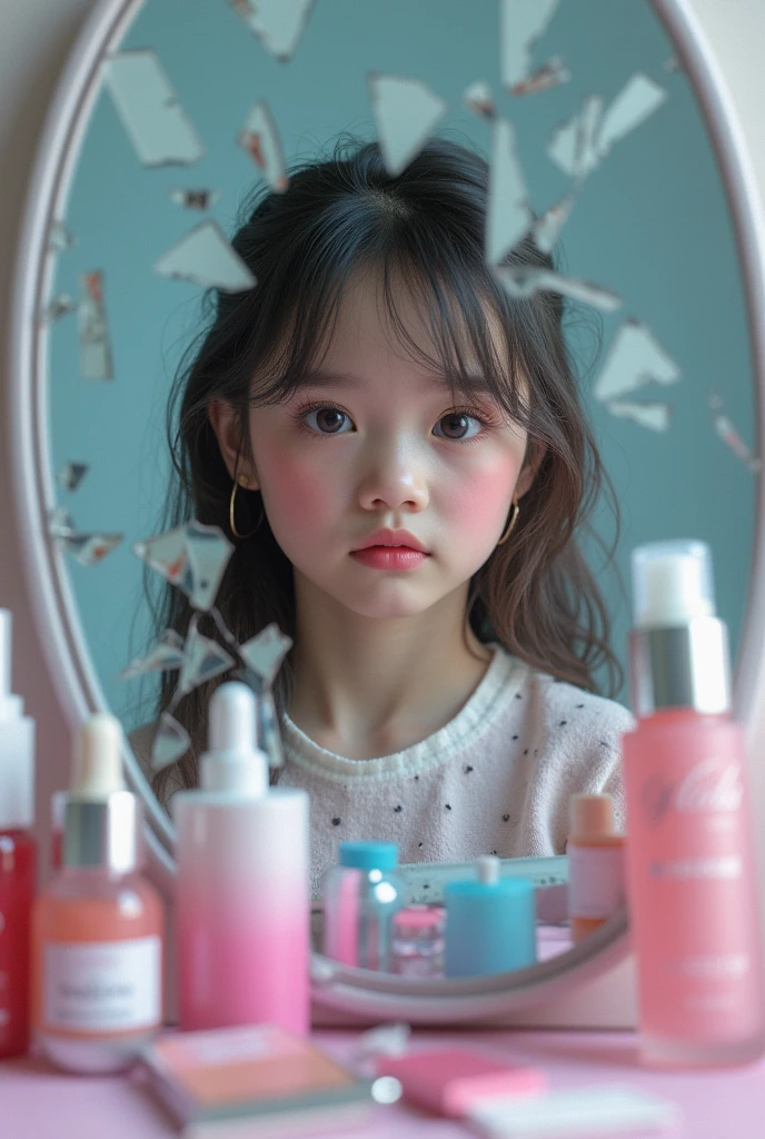 I want the image of a girl between 9-. Reflecting in a broken mirror of a modern apartment. You will be surrounded by expensive makeup and skincare products. The girl will have exaggerated makeup in pastel colors. I want you to only rescue the makeup in pastel colors.