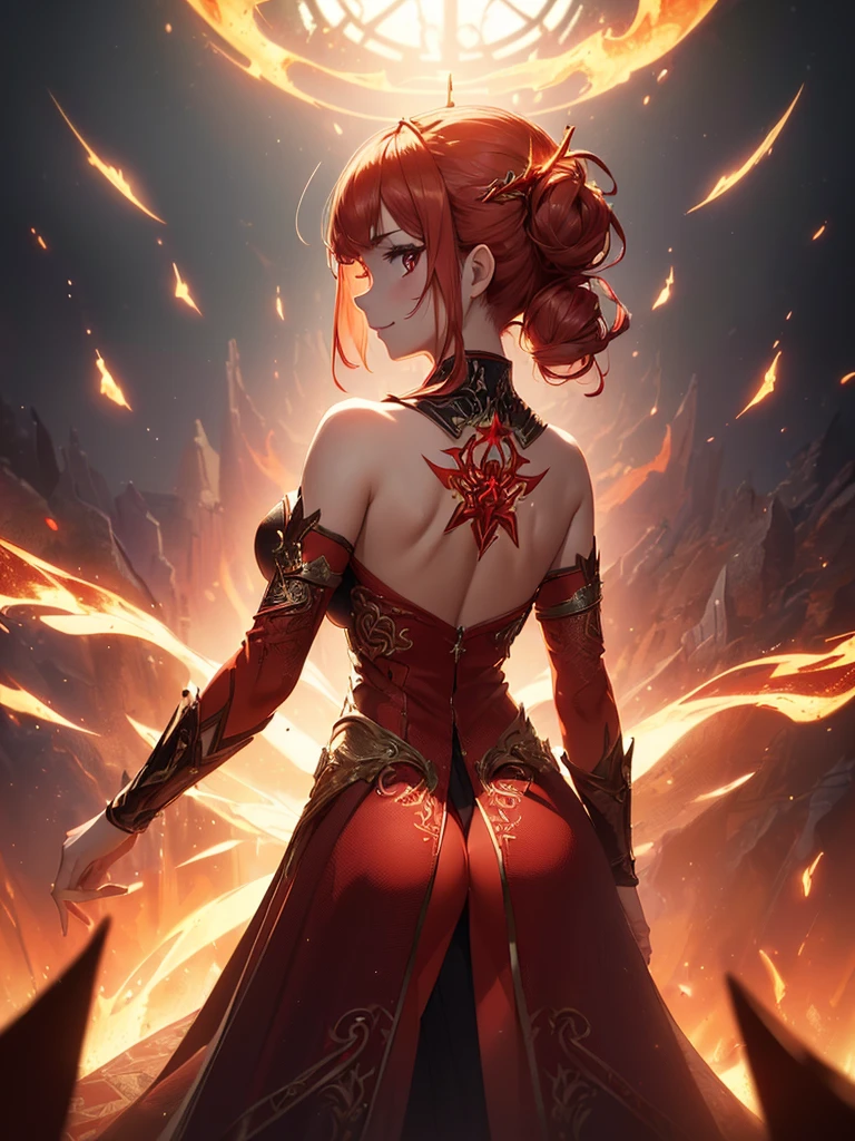 (((best quality, sharp image, clear image, cinematic lighting, 8k resolution, masterpiece, ultra detailed, intricate))) Girl, sorcerer, cute, intricate dress, smiling, fiery red, ((intricate background)), (rune frame), dimension, ((shot from behind)), fire sigils, chaotic background, ((half-body shot))