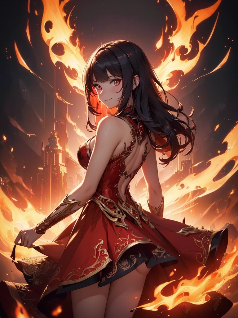 (((best quality, sharp image, clear image, cinematic lighting, 8k resolution, masterpiece, ultra detailed, intricate))) Girl, sorcerer, cute, intricate dress, smiling, fiery red, ((intricate background)), (rune frame), dimension, ((shot from behind)), fire sigils, chaotic background, ((half-body shot))