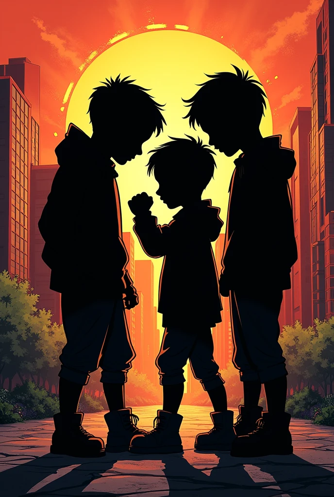 A three boys standing each other going to fight intense! Background with comic art style! Three boys whole body with black colour we can’t see them!