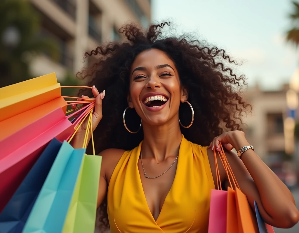 A bold Latin woman, fashion, no shopping , showing off their shopping bags and giving them a spin , with a close-up capturing her high energy and big smile from having made great purchases .