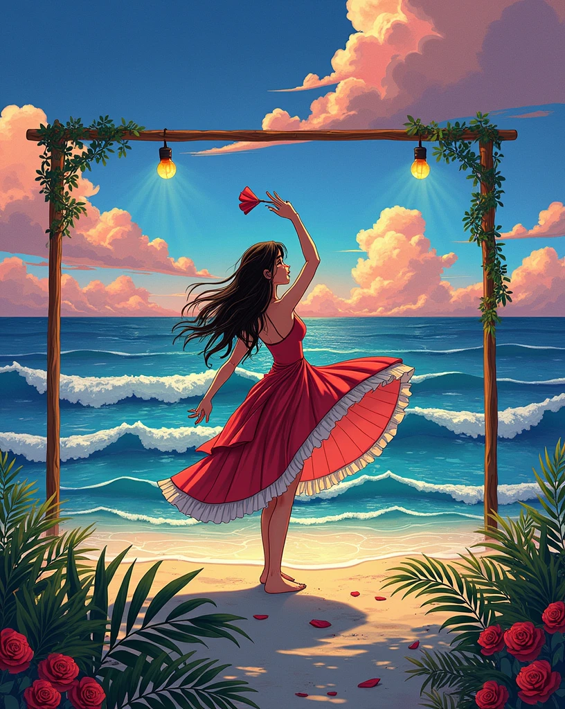Animate 8k quality pictures of fiance's play at the beach during look late evening and Sky is pale orange and sun is going to set