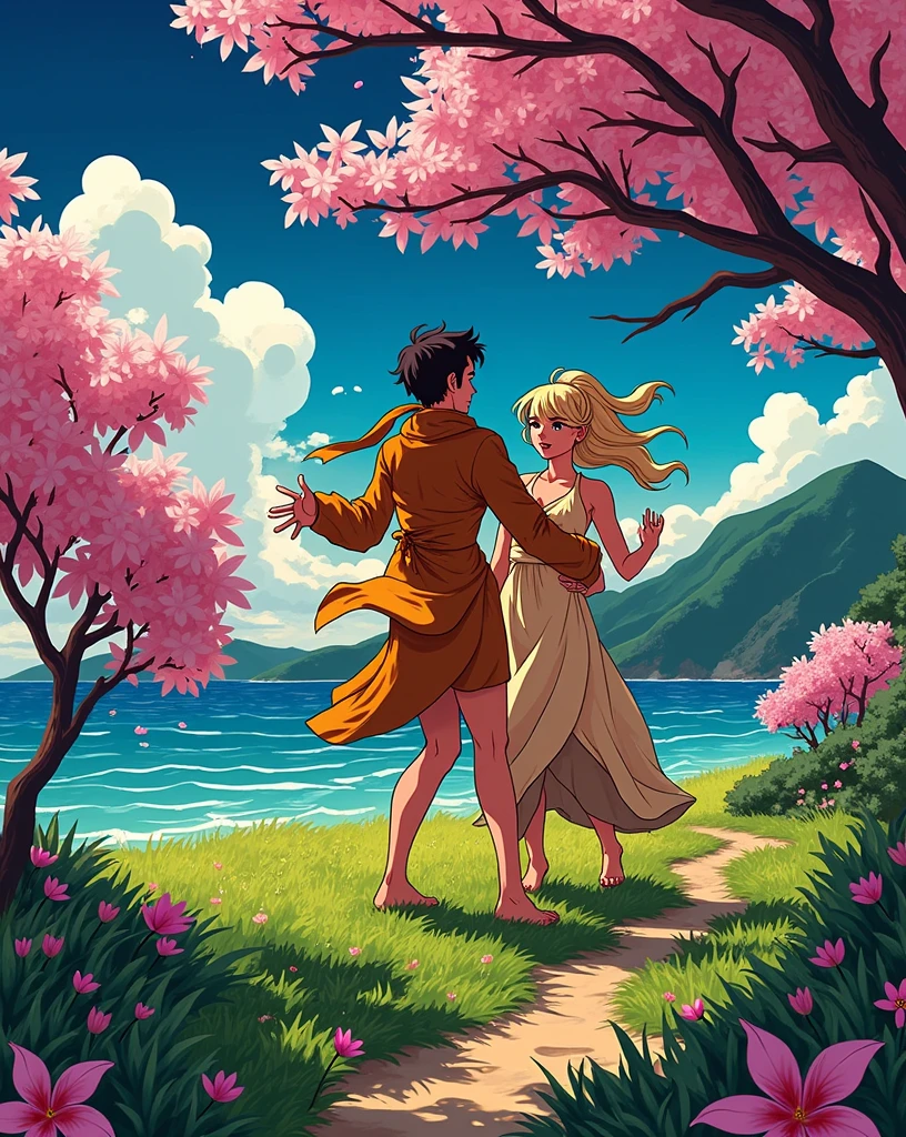 Animate 8k quality pictures of fiance's play at the beach during look late evening and Sky is pale orange and sun is going to set