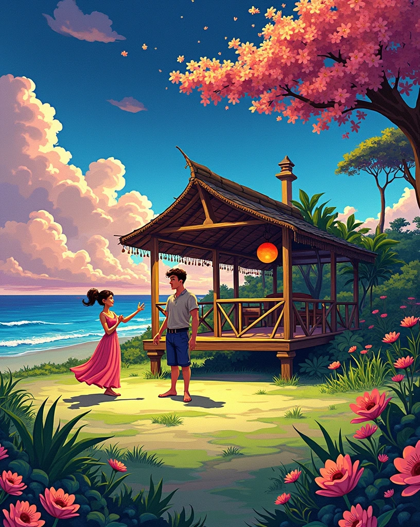 Animate 8k quality pictures of fiance's play at the beach during look late evening and Sky is pale orange and sun is going to set