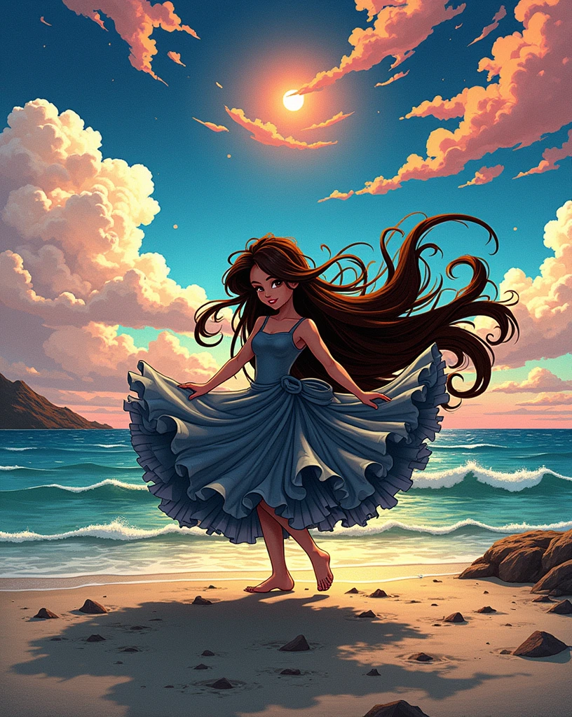 Animate 8k quality pictures of fiance's play at the beach during look late evening and Sky is pale orange and sun is going to set