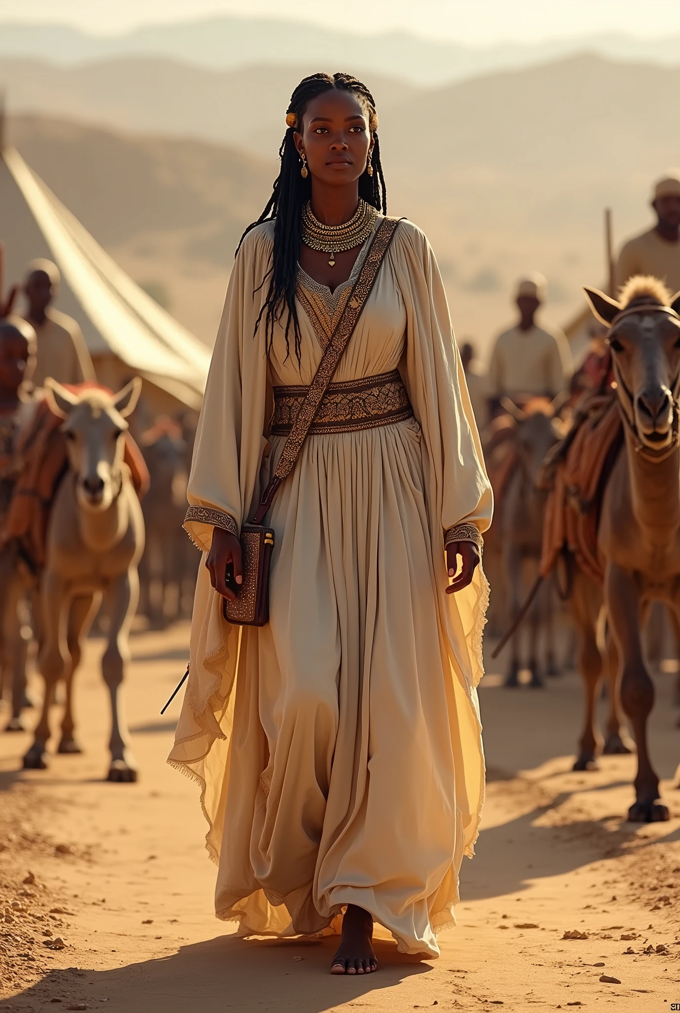 Create a realistic and detailed image of Queen Makeda, the Queen of Sheba, traveling with her grand caravan. The scene should depict a large caravan of camels and donkeys carrying goods, supplies, and gifts. The Queen is surrounded by royal guards, servants, and attendants. Musicians and entertainers are also part of the entourage, providing music and performances. Luxurious tents are set up at a rest stop, with rich fabrics and comfortable furnishings. The landscape should reflect the arid regions of ancient Ethiopian and Israel , with a backdrop of desert and distant towns, her outfit should white brownish cotton dress.