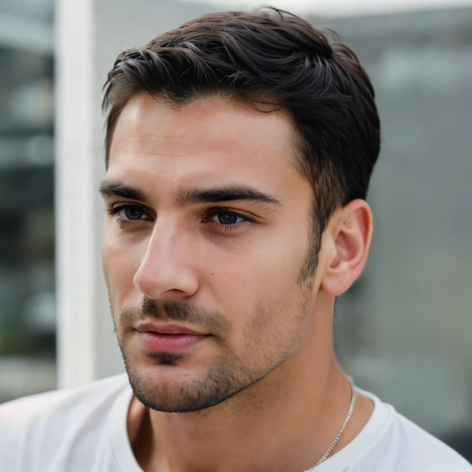 Create an ultra-realistic image of a man around 2, staring at the screen with an intense and thoughtful expression. The image should focus on facial details, including clear, bright eyes, a subtle smile, and well-defined facial features. The man has fair skin, short black hair, and a clean-shaven look. Every detail, from the texture of his skin to the light reflections in his eyes, should be crisp and lifelike. The background should be out of focus, enhancing the realism of his face and expression.