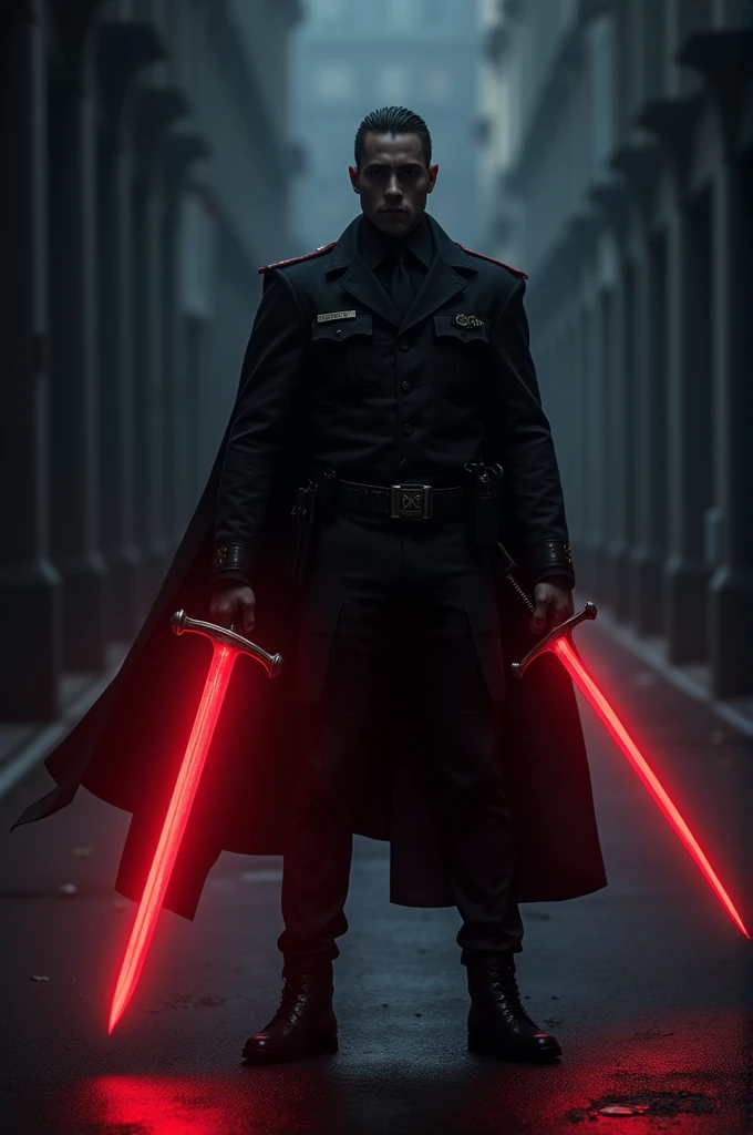 a man in black cop suit ,holding 2 sword in both hand,right hand sword colour is red,,and left hand sword colour is black,both swords are shinging by their colour ,background a dark night