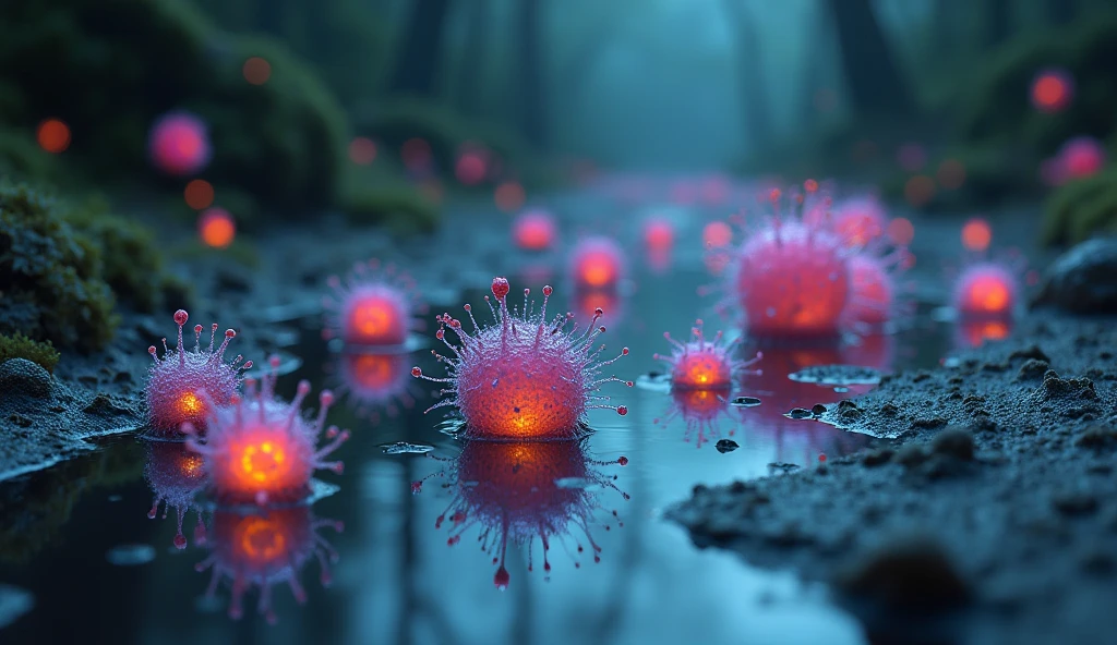 Bacteria in a puddle , mysterious scene 